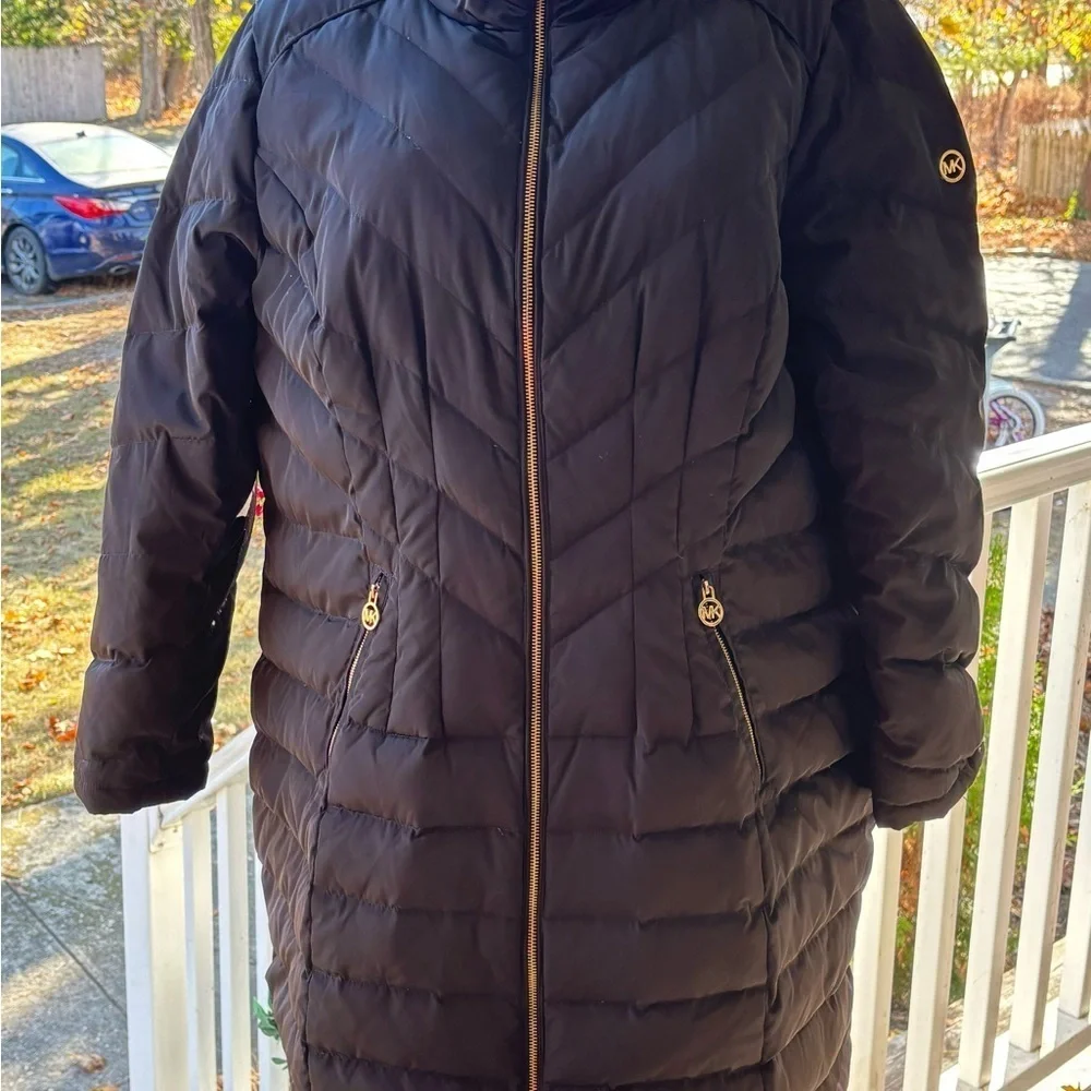 Michael Kors Black Feather Down Puffer Trench Large Collar